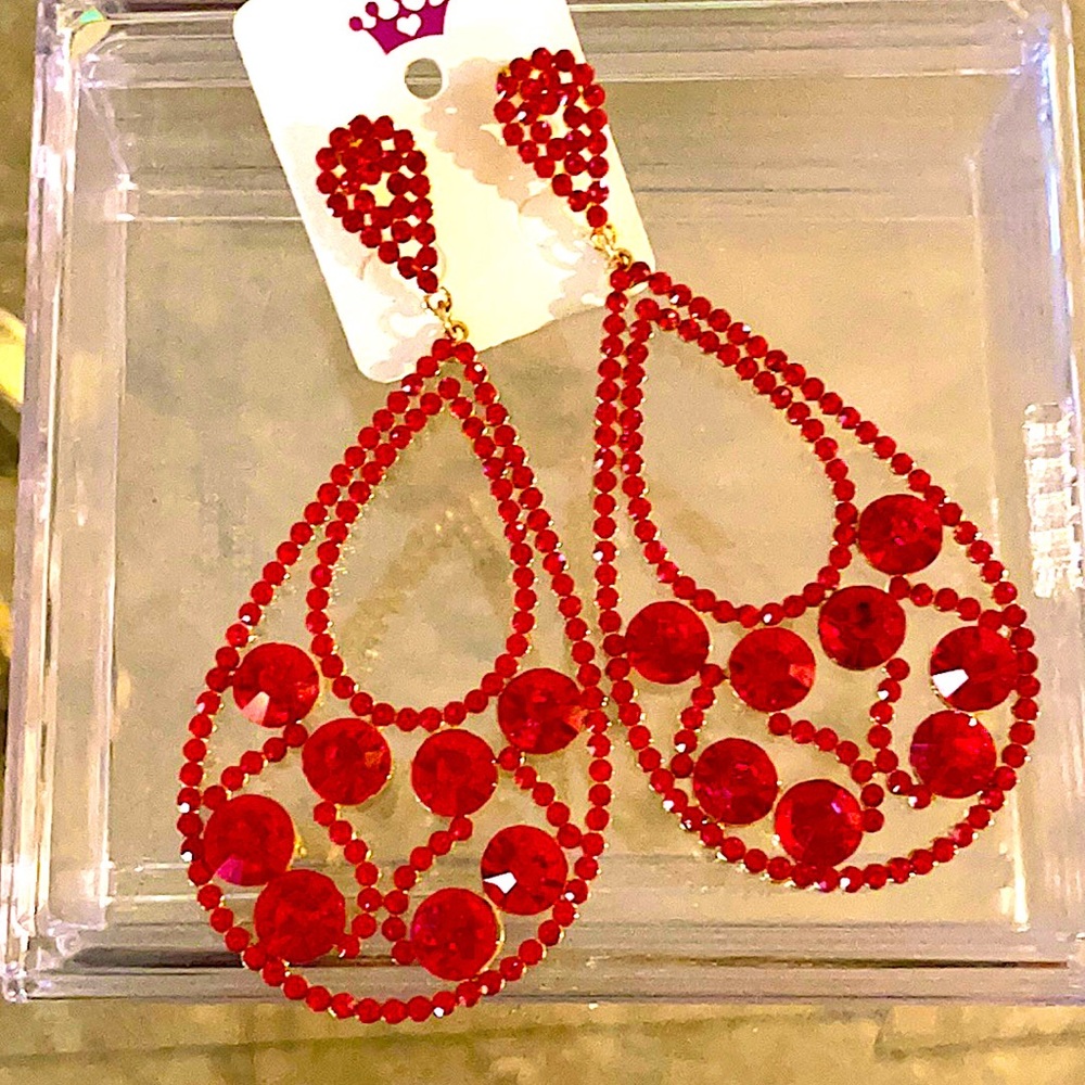 Red Long Chandelier Hoop Pageant earrings